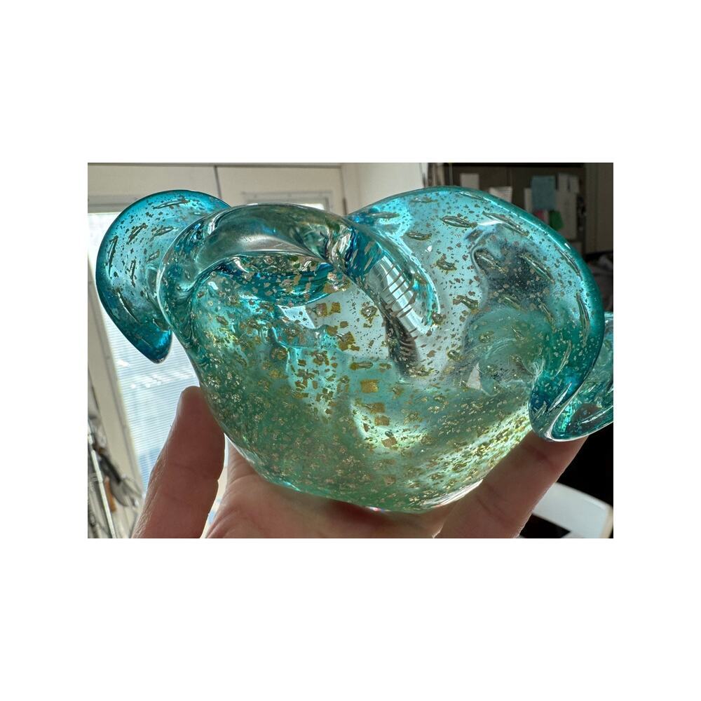 Vtg Murano Bollinato Blue Metallic Gold Fleck Scalloped Art Glass Bowl Ashtray - Picture 11 of 16